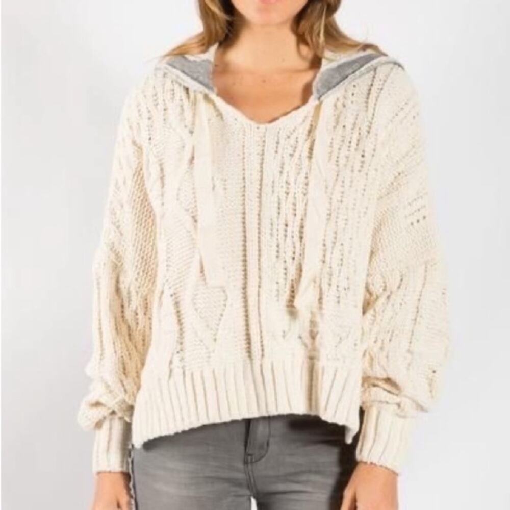Elan Cream Grey Color Block Tierra Cable Knit Hoodie Sweater Medium